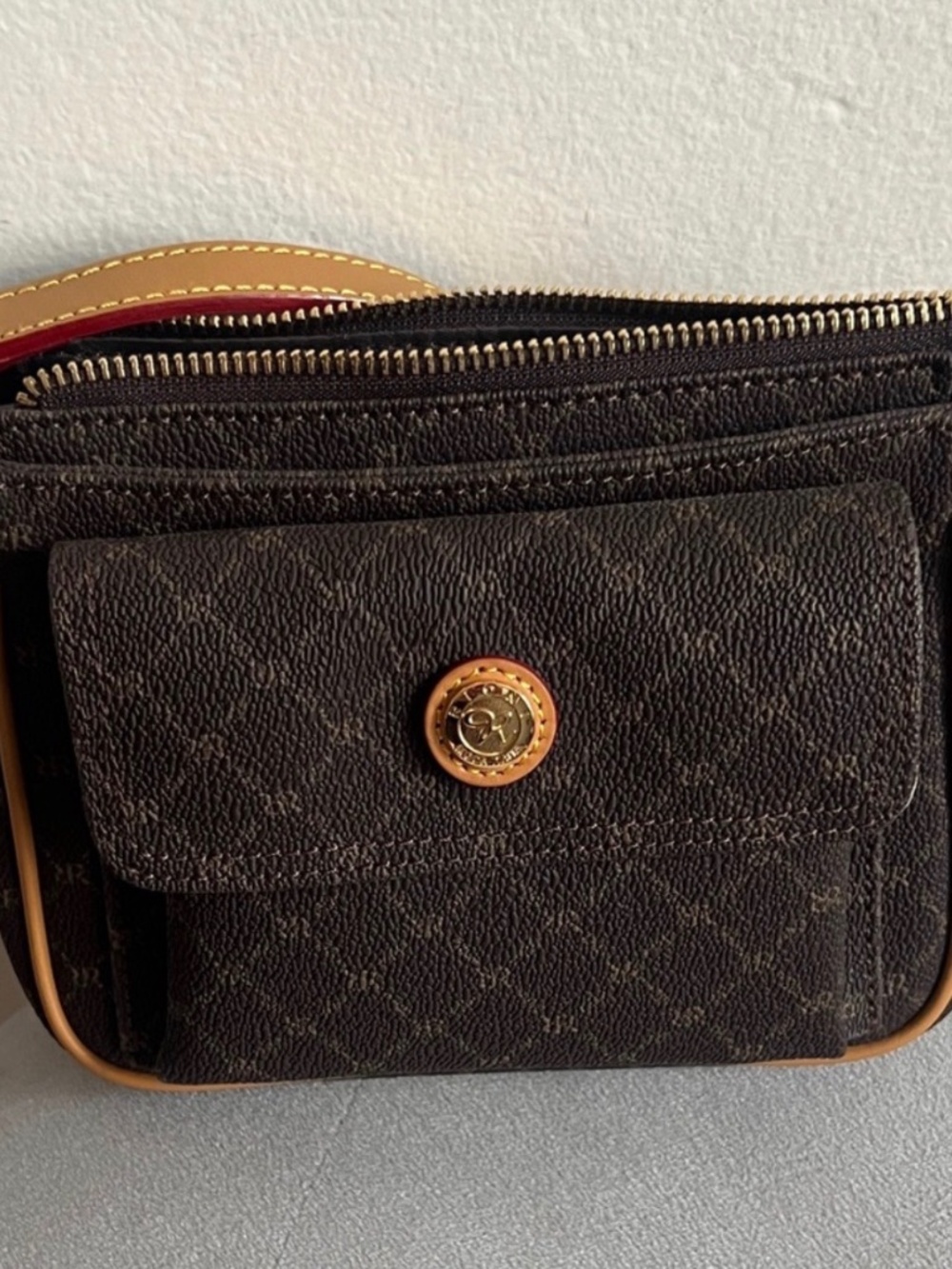 Rioni Dark Brown Patterned Crossbody with Gold Hardware
